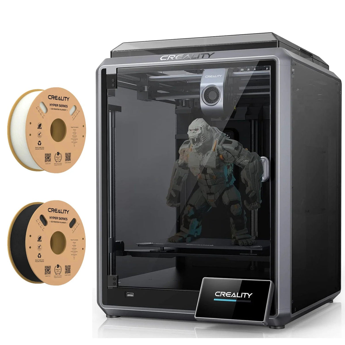 Official Creality K1 3D Printer 600mm/s High Speed Printing 20000mm/s² Acceleration Dual Cooling Fans Auto Leveling with 2 Pack Hyper PLA High-Speed Printer Filaments, Black&White
