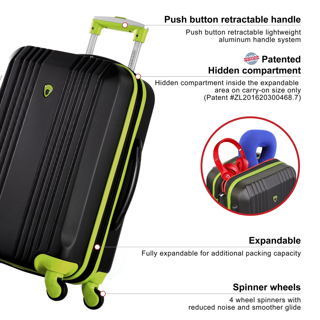 Olympia U.S.A. Apache 3-Piece Expandable Hardcase Luggage Set with Spinner Wheels, Black/Lime