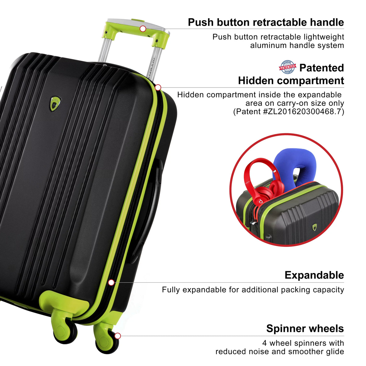 Olympia U.S.A. Apache 3-Piece Expandable Hardcase Luggage Set with Spinner Wheels, Black/Lime