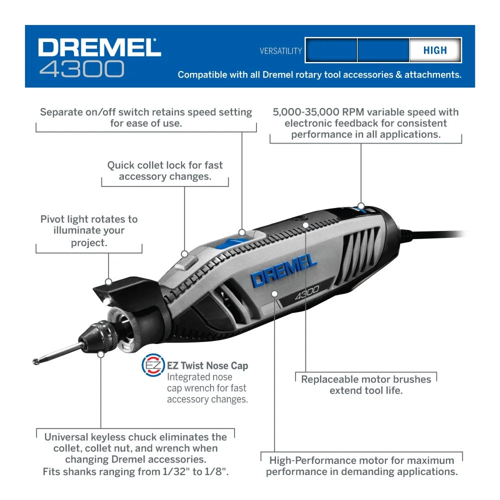 Dremel 4300-9/64 Corded Variable Speed Rotary Tool Kit with Flex Shaft and Hard Storage Case, High Power & Performance, Variable Speed - Engraver, Etcher, Sander, and Polisher