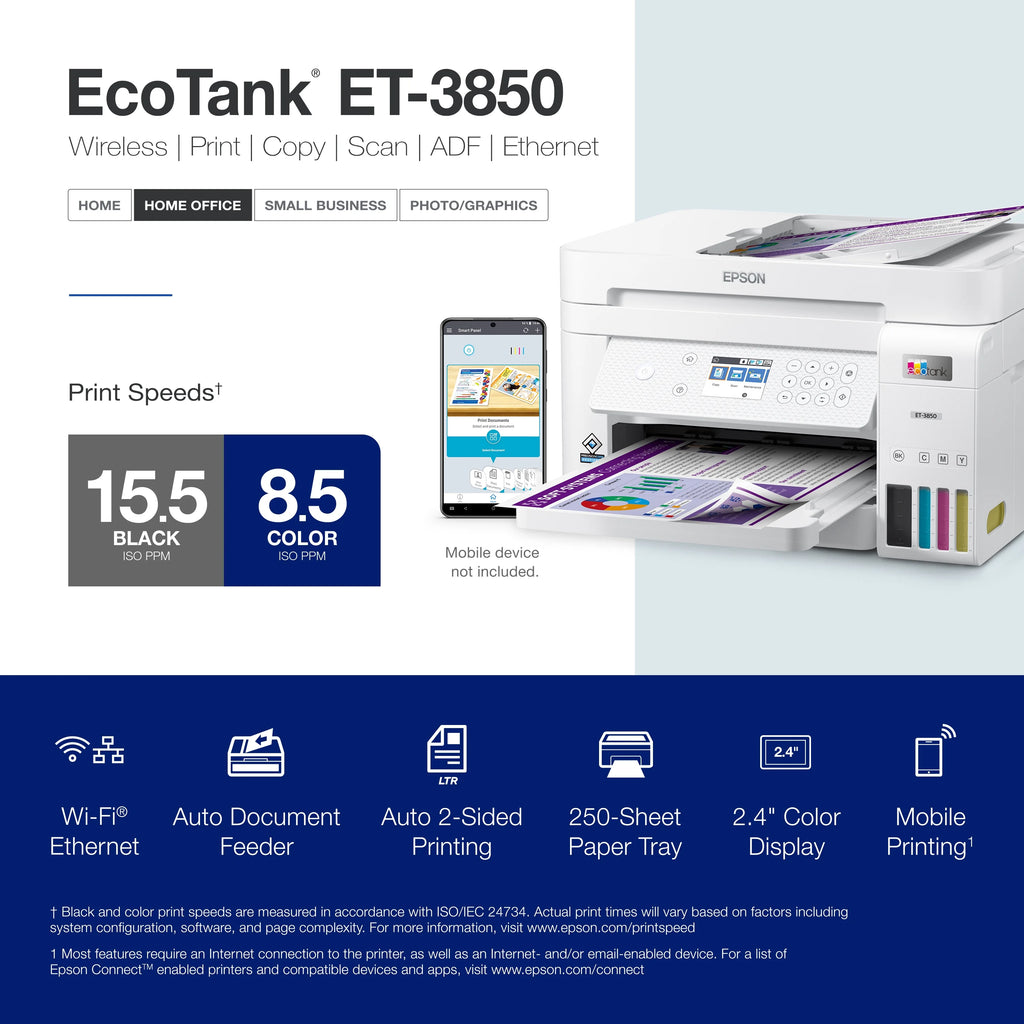 Epson EcoTank ET-3850 Wireless Color All-in-One Cartridge-Free Supertank Printer with Scanner, Copier, ADF and Ethernet