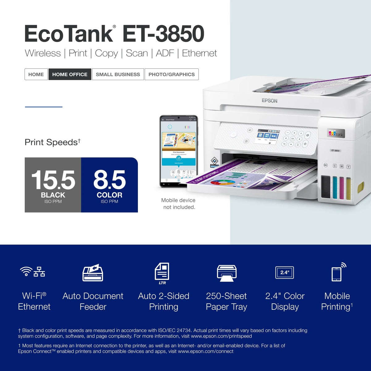 Epson EcoTank ET-3850 Wireless Color All-in-One Cartridge-Free Supertank Printer with Scanner, Copier, ADF and Ethernet
