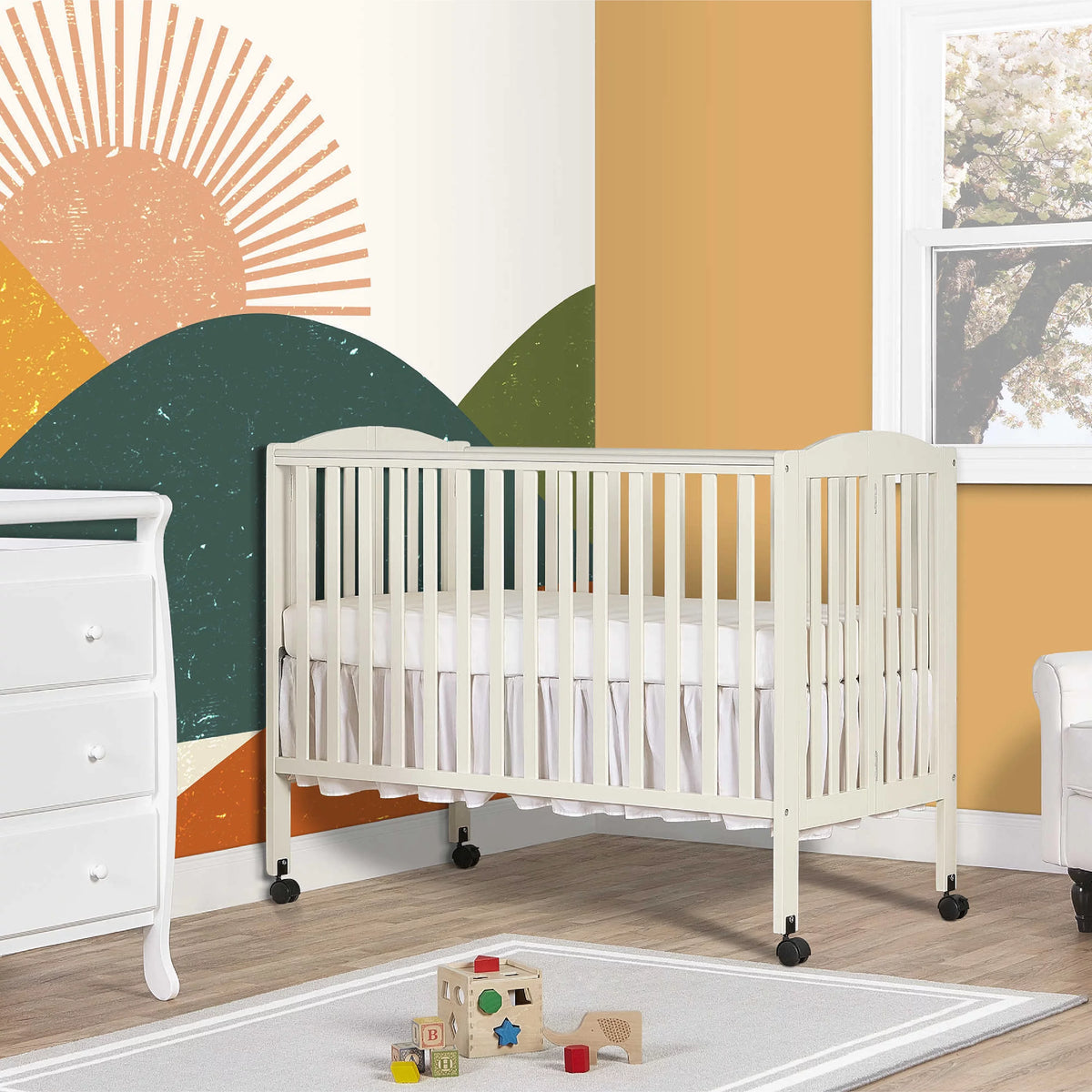 Dream On Me Full Size 2-in-1 Folding Stationary Side Crib, Locking Wheels, French White