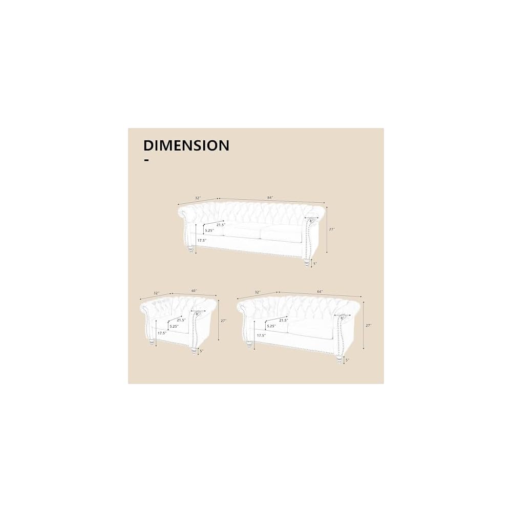3 Piece Living Room Couch Set, Sectional Chesterfield Sofa Chair Contemporary Upholstered Velvet Loveseat Sofa Sets for Living Room, Office, Small Apartment