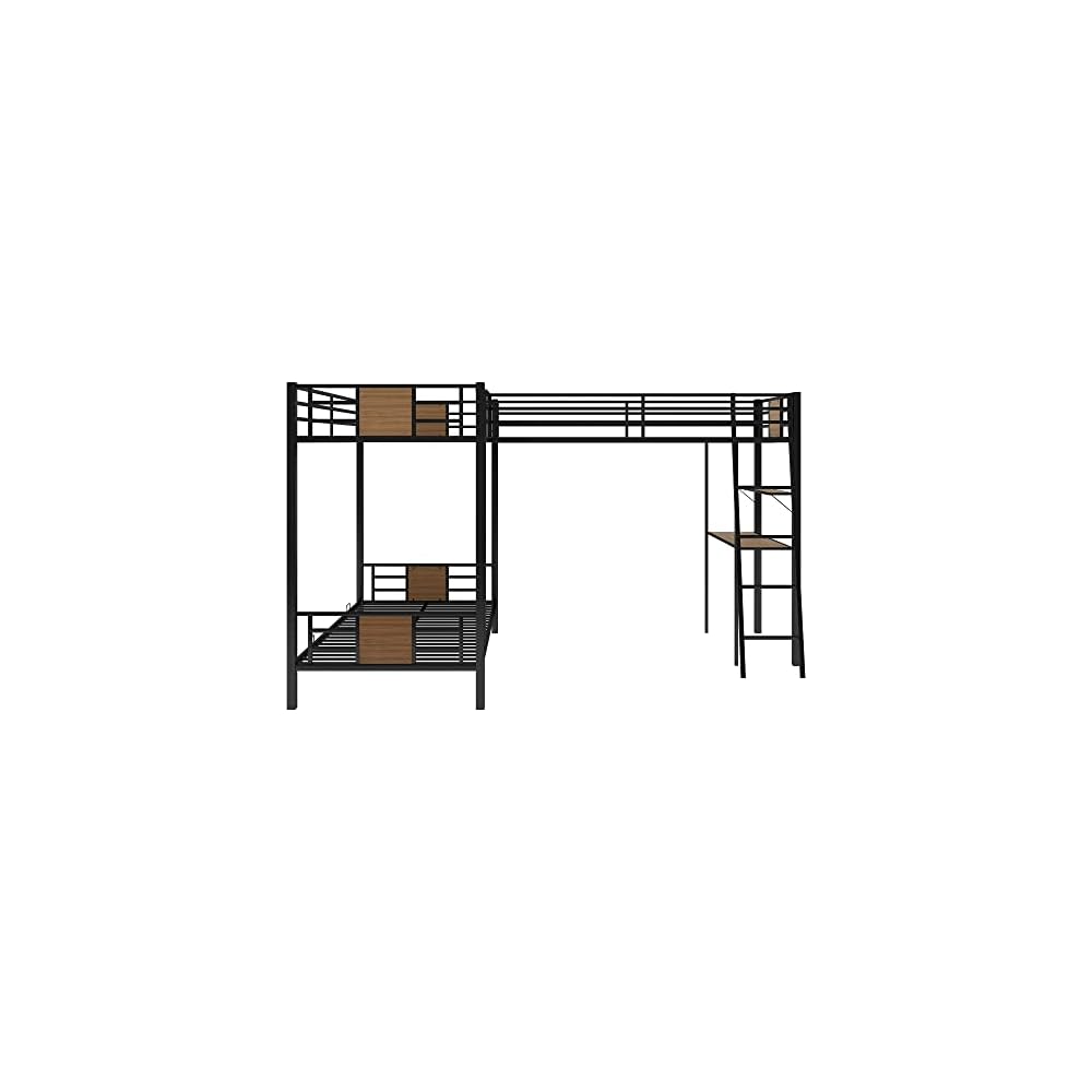 L-Shaped Twin Over Twin Bunk Bed with Twin Size Loft Bed with Desk and Shelf,Brown