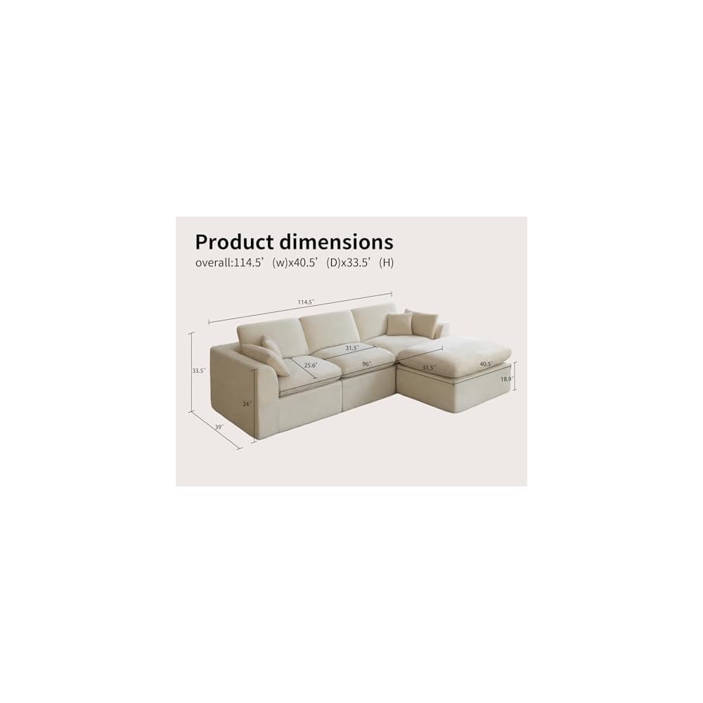 115" Modular Sectional Sofa – Modern Cloud Couch with Deep Chenille Seats, L-Shaped Boneless Sofa, Pet-Friendly, No Assembly, Warm White