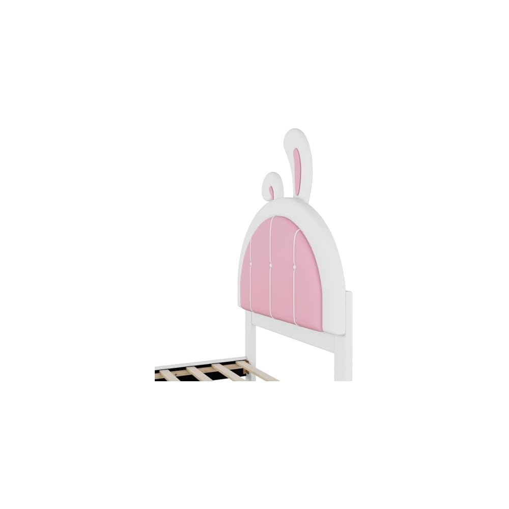 Twin Size Upholstered Platform Bed with Rabbit Shaped Headboard, White and Pink PU Bed Frame, Cute Cartoon Ear Design for Children Bedroom, Wooden Slat Support, No Box Spring Needed