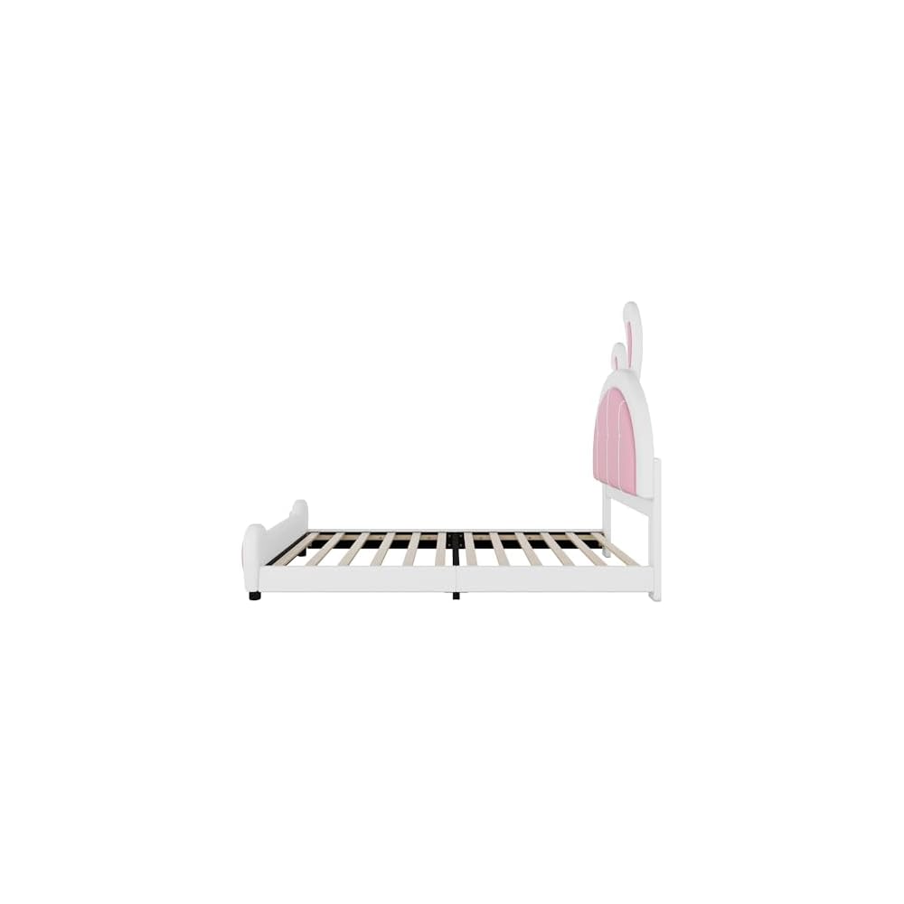 Twin Size Upholstered Platform Bed with Rabbit Shaped Headboard, White and Pink PU Bed Frame, Cute Cartoon Ear Design for Children Bedroom, Wooden Slat Support, No Box Spring Needed