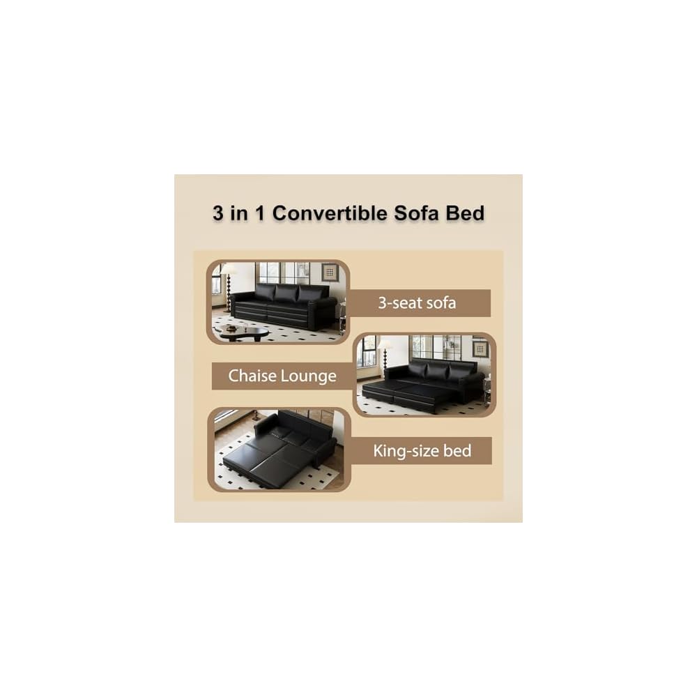 93.7"King Size Pull Out Sofa Bed, 3-in-1 Faux Leather Convertible Sleeper Sofa with Ultra Rolled Armrests, Tufted Modern Sofa with 3 Pillows, for Bedroom, Living Room, Apartment (Leather Black)