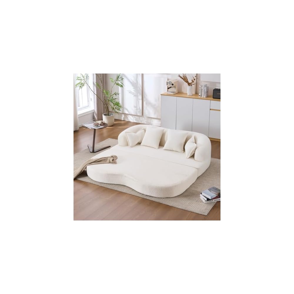2-in-1 Chenille Convertible Love Seat Sleeper Sofa, 70'' Folding Compressed Sofa Bed with 4 Pillows, Modern Boneless Curved Couch for Living Room, Apartment, No Assembly, White