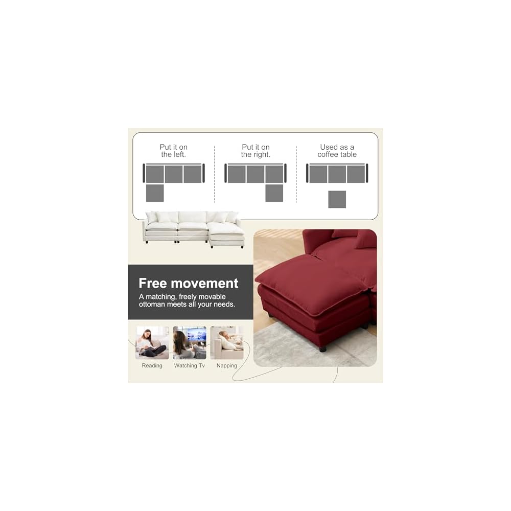 Modular Sectional Sofa,108.27'' Modern Sofa Sleeper Couch with 3 Seat & 1 Ottoman & 3 Pillows Sofa Set, Comfy Cloud Couches with Movable Ottoman for Living Room,Chenille (Wine red, L Shaped)