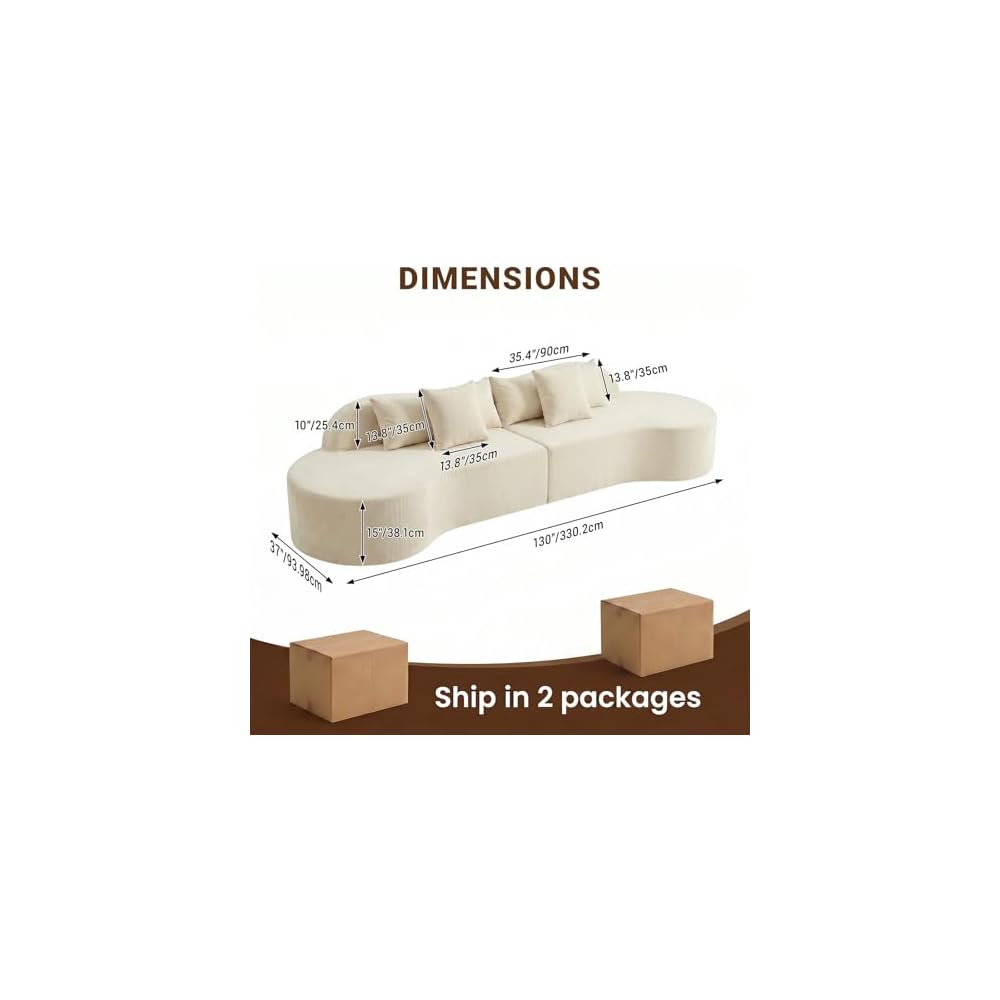 130'' Boneless Curved Couch for Living Room, Oversized Modern Cloud Couch Sectional, Modular Sofa with High-Density Foam Deep Seat, Corduroy Fabric No-Bones Compression Couch with Pillows, Beige