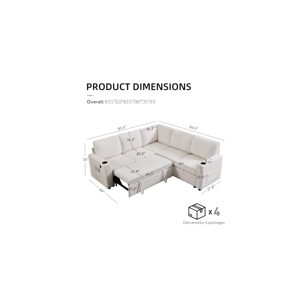L Shaped Sofa Bed, Sectional Couch with Pull Out Bed, Beige