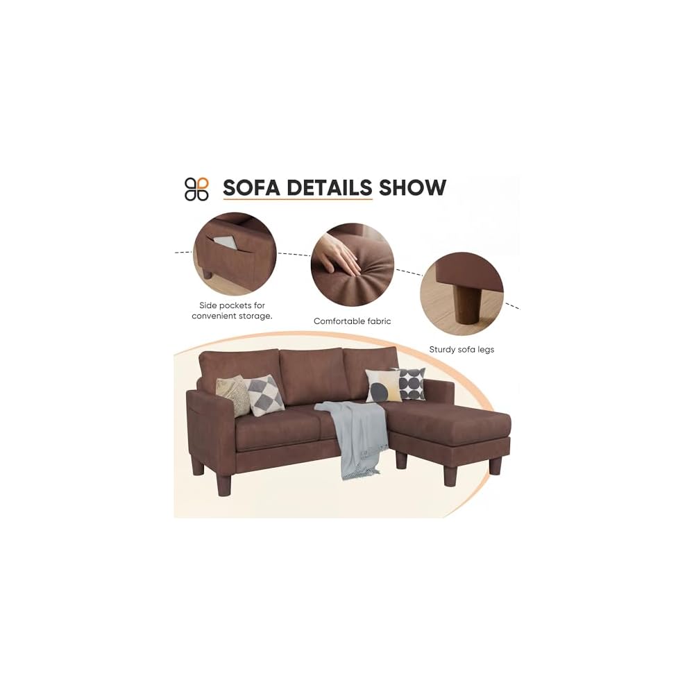 L Shape Sectional Sofa Couch, 3 Seat Convertible Sofa with Movable Ottoman and Side Storage Pockage, Modern Couches for Living Room & Apartment (Linen, Brown)