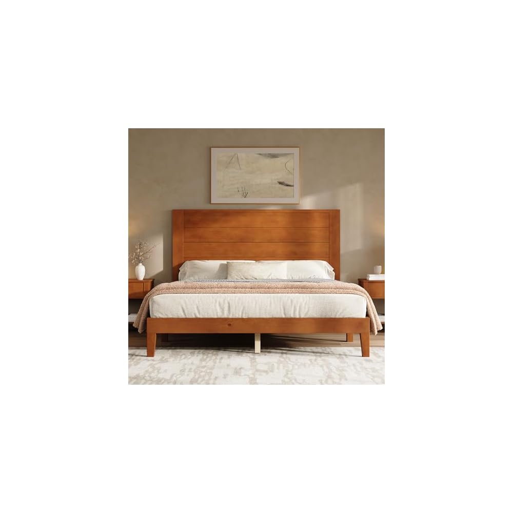 Full Size Solid Wood Platform Bed with Mid Century Style, Brown
