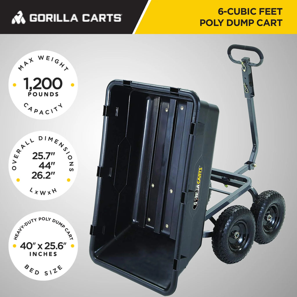 Gorilla Carts 6 Cu Ft Heavy Duty Poly Dump Cart, w/ Steel Frame, Black