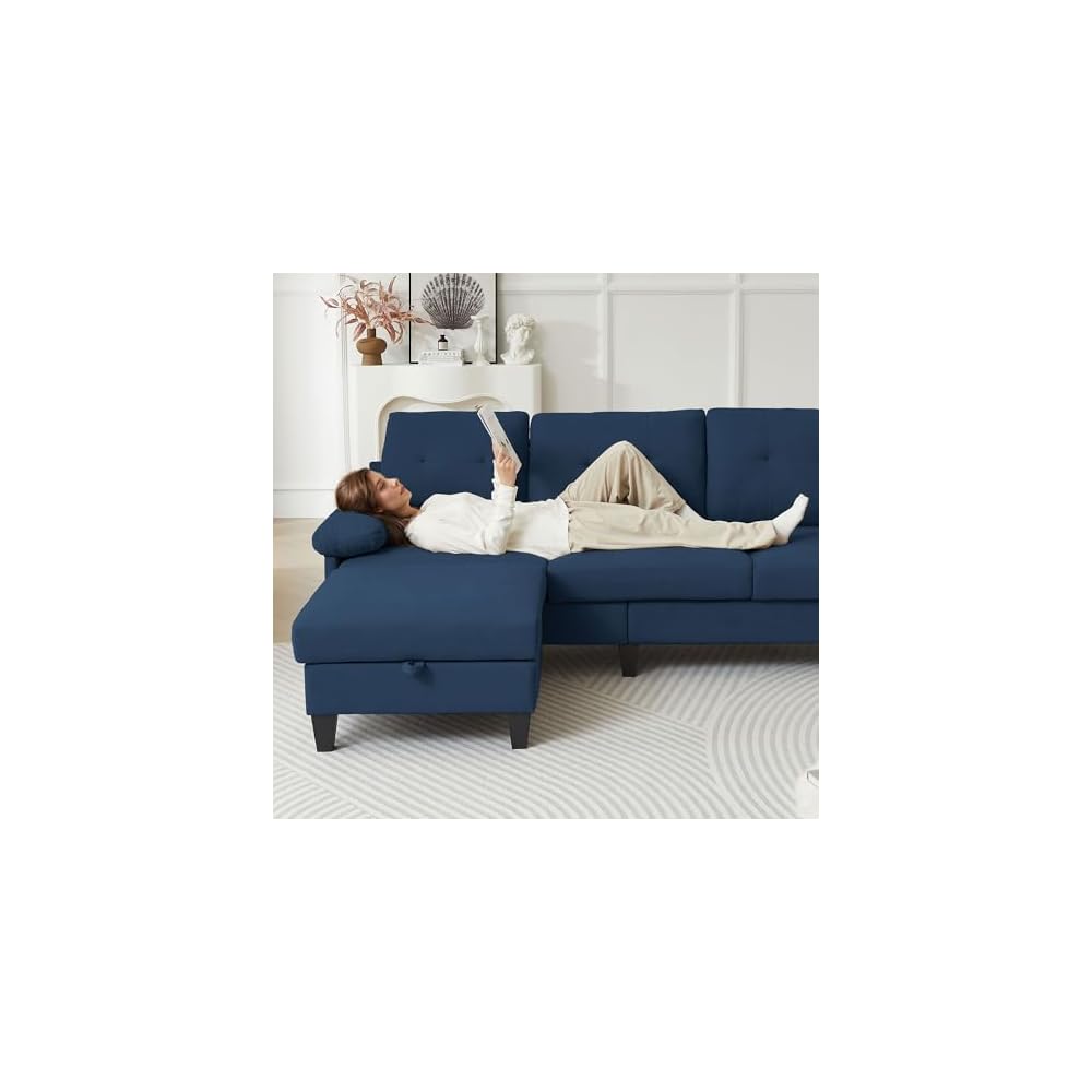 84" Convertible Sectional Sofa, Deep 3-Seat L Shaped Sectional Couch with Ottoman, Modern Linen Upholstered Couches for Living Room, Apartment and Small Spaces (Blue)