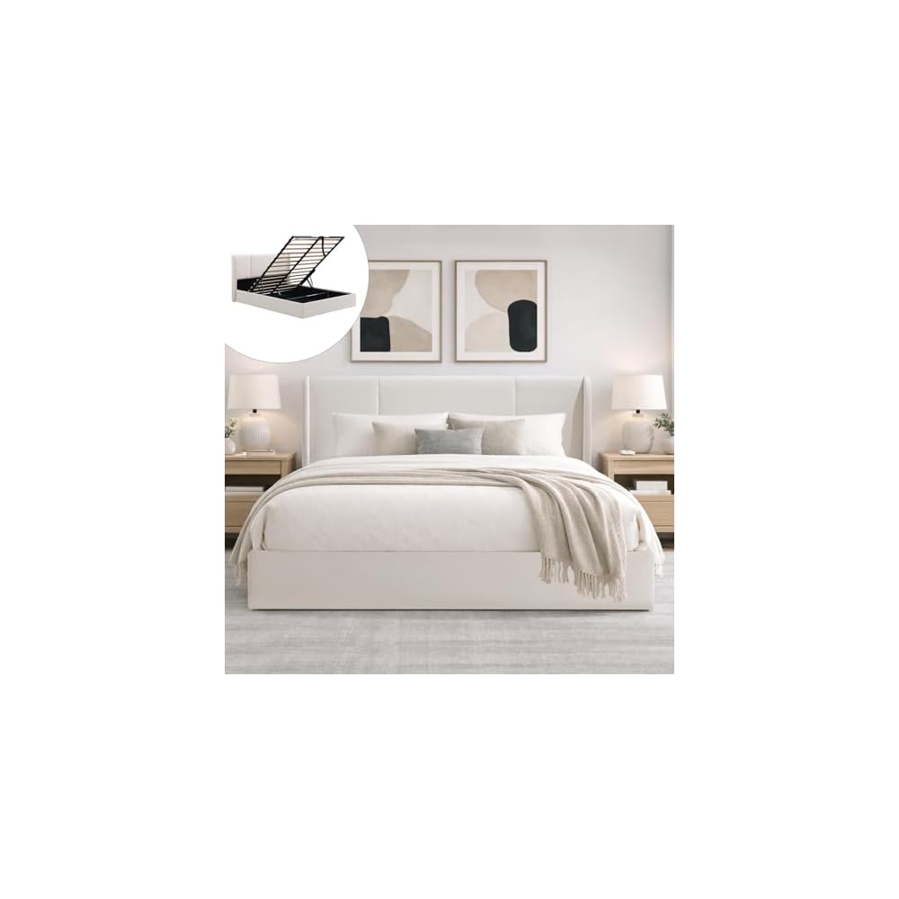 Queen Lift Up Storage Bed Frame, Velvet-Look Upholstered Bed with Modern Wingback Headboard, Gas Lift Storage, Wood Slat Support, No Box Spring Needed, White