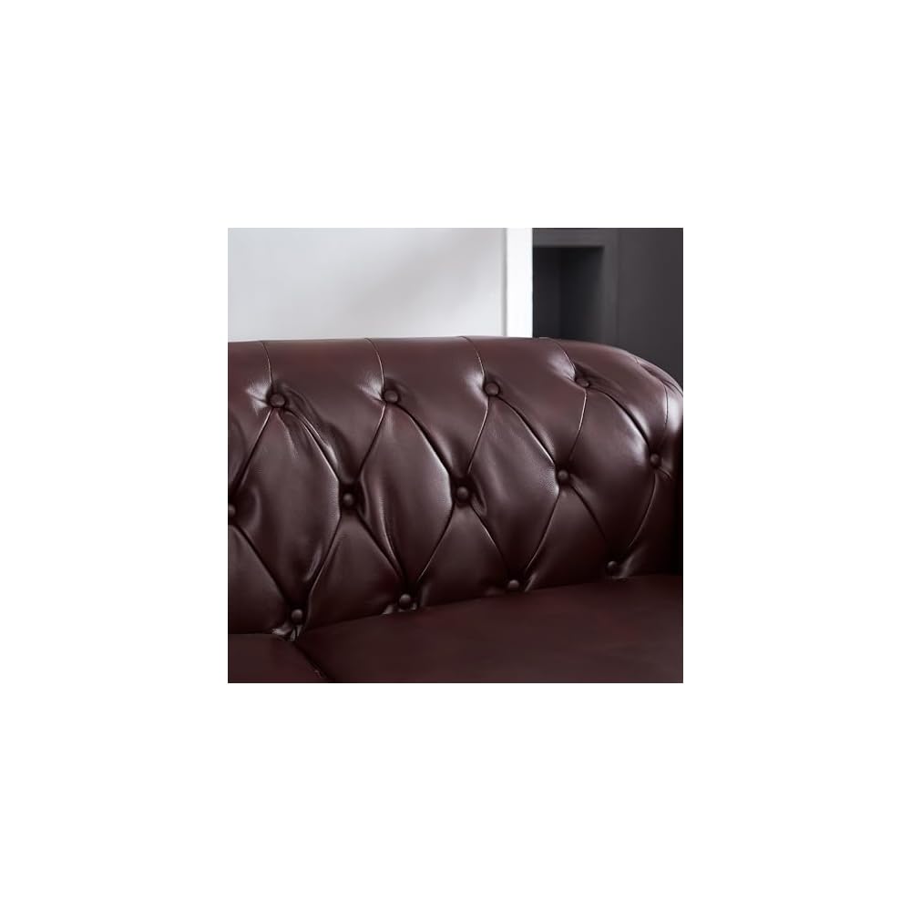85.8" Chesterfield Sofa, Retro Style Upholstered with Storage Faux Leather PU Couch with Rolled Arm, Nailhead for Living Room Bedroom Office Apartment, Burgundy