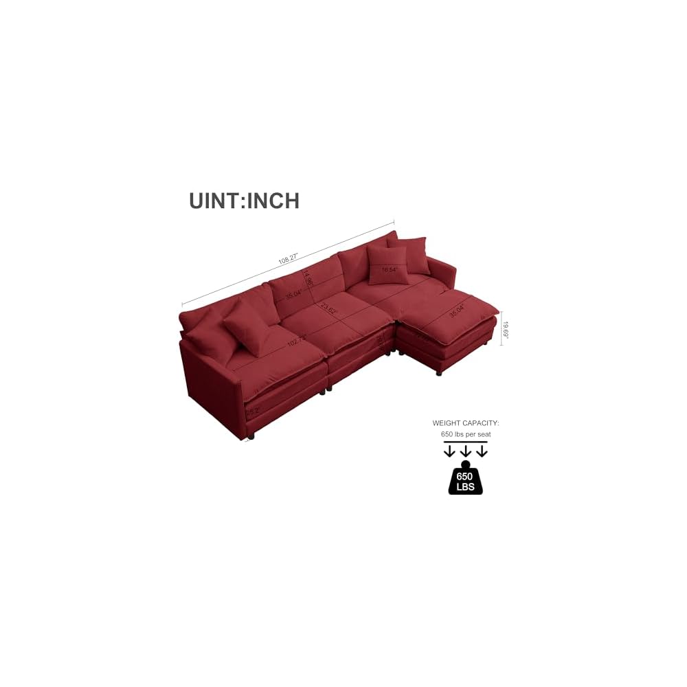 Modular Sectional Sofa,108.27'' Modern Sofa Sleeper Couch with 3 Seat & 1 Ottoman & 3 Pillows Sofa Set, Comfy Cloud Couches with Movable Ottoman for Living Room,Chenille (Wine red, L Shaped)