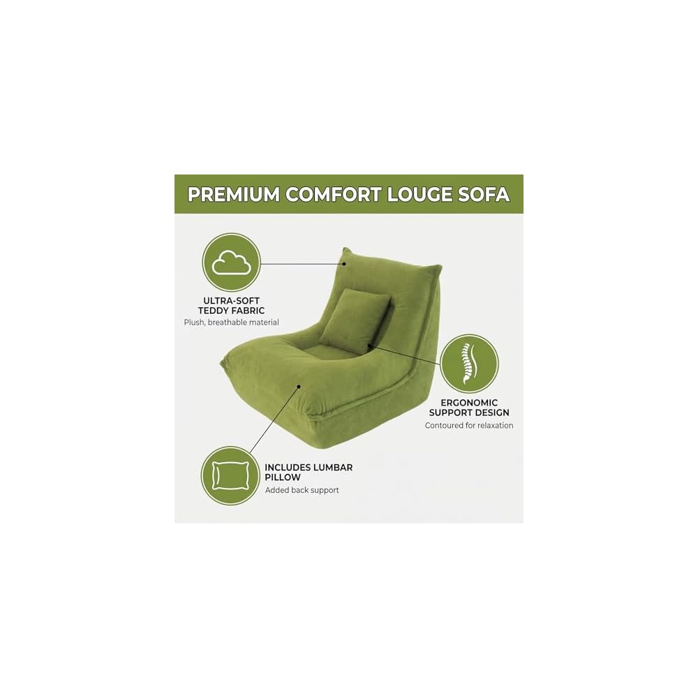 Chaise Lounge Chair - Modern Single Seater Floor Sofa with Pillow, Memory Foam Filled Compressed Sofa for Bedroom Game Living Room - Comfortable Ergonomic Lounger, No Assembly Needed, Green