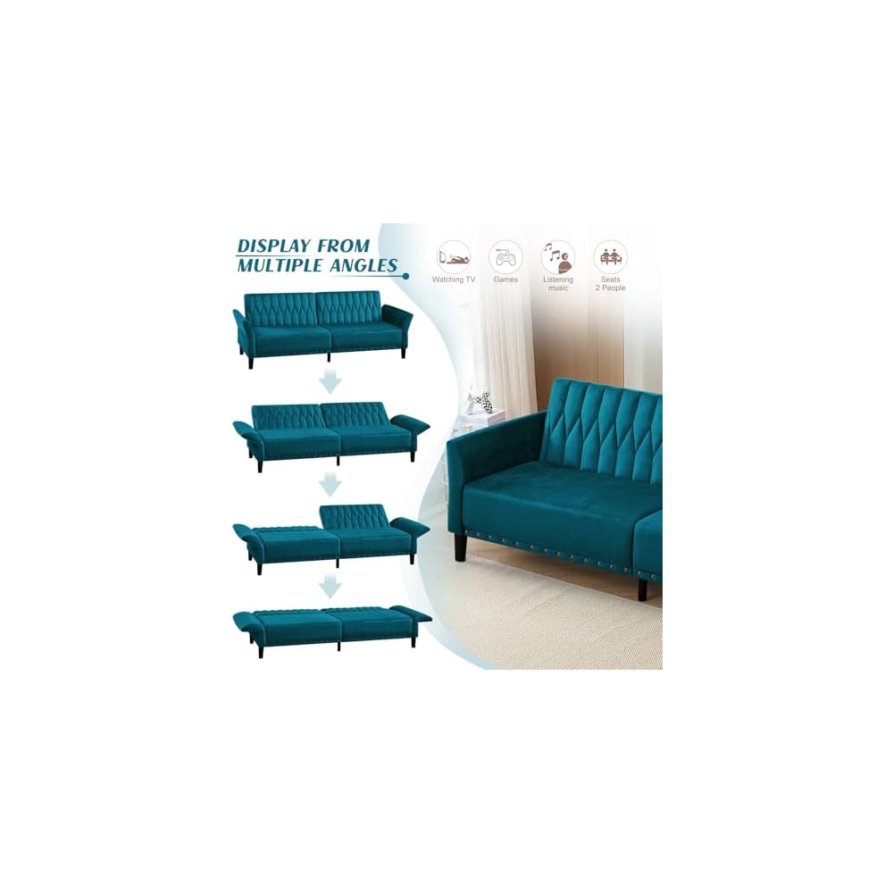 77" Velvet Futon Sofa Bed w/Adjustable Backrests & Armrests, Teal