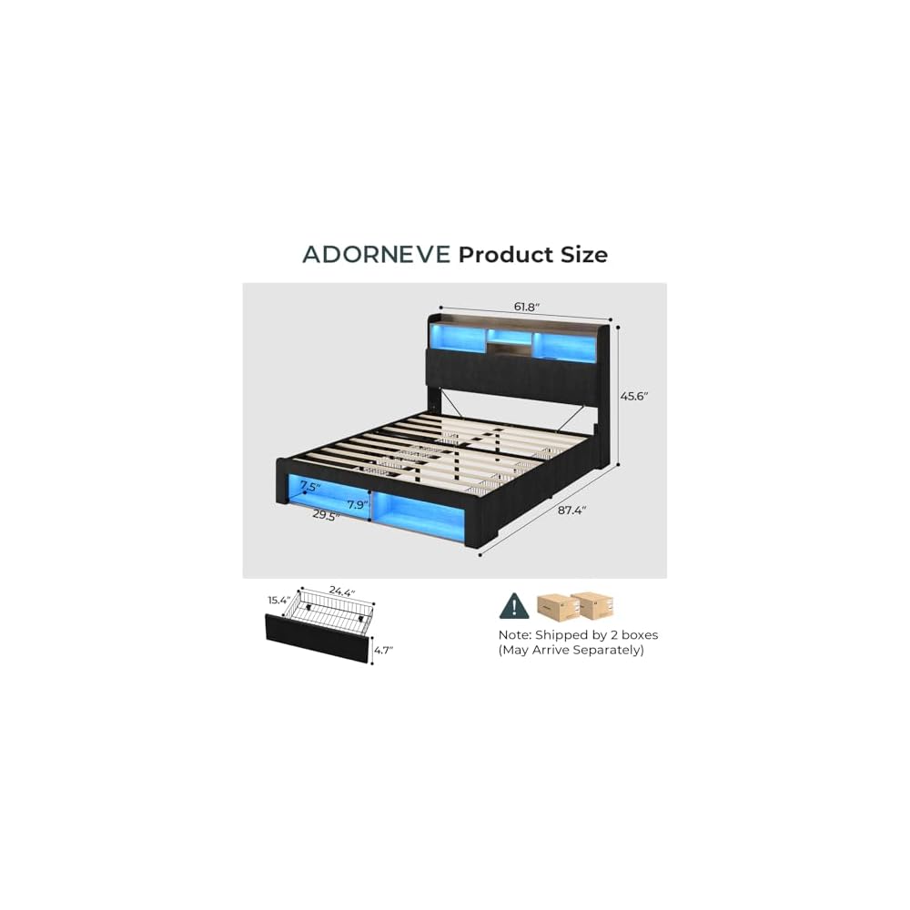 Queen Bed Frame with 4 Storage Drawers & Headboard, Corduroy Black