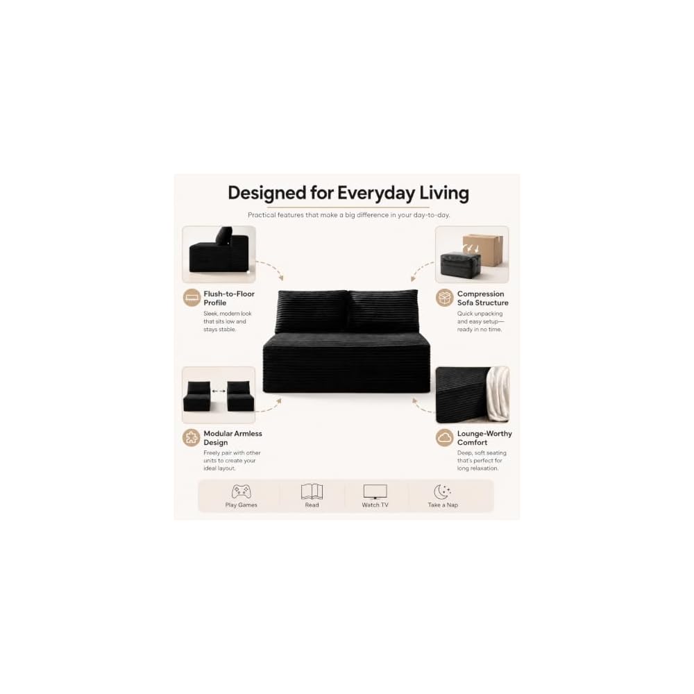 57" Black Small Armless Loveseat Sofa, 2 Seater Cloud Couches
