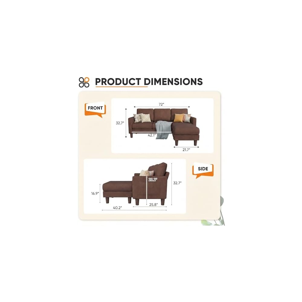 L Shape Sectional Sofa Couch, 3 Seat Convertible Sofa with Movable Ottoman and Side Storage Pockage, Modern Couches for Living Room & Apartment (Linen, Brown)