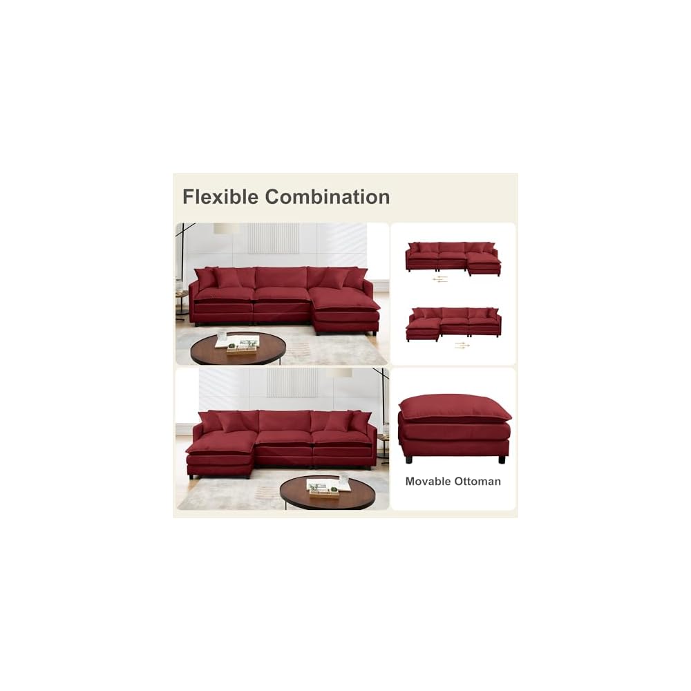 Modular Sectional Sofa,108.27'' Modern Sofa Sleeper Couch with 3 Seat & 1 Ottoman & 3 Pillows Sofa Set, Comfy Cloud Couches with Movable Ottoman for Living Room,Chenille (Wine red, L Shaped)