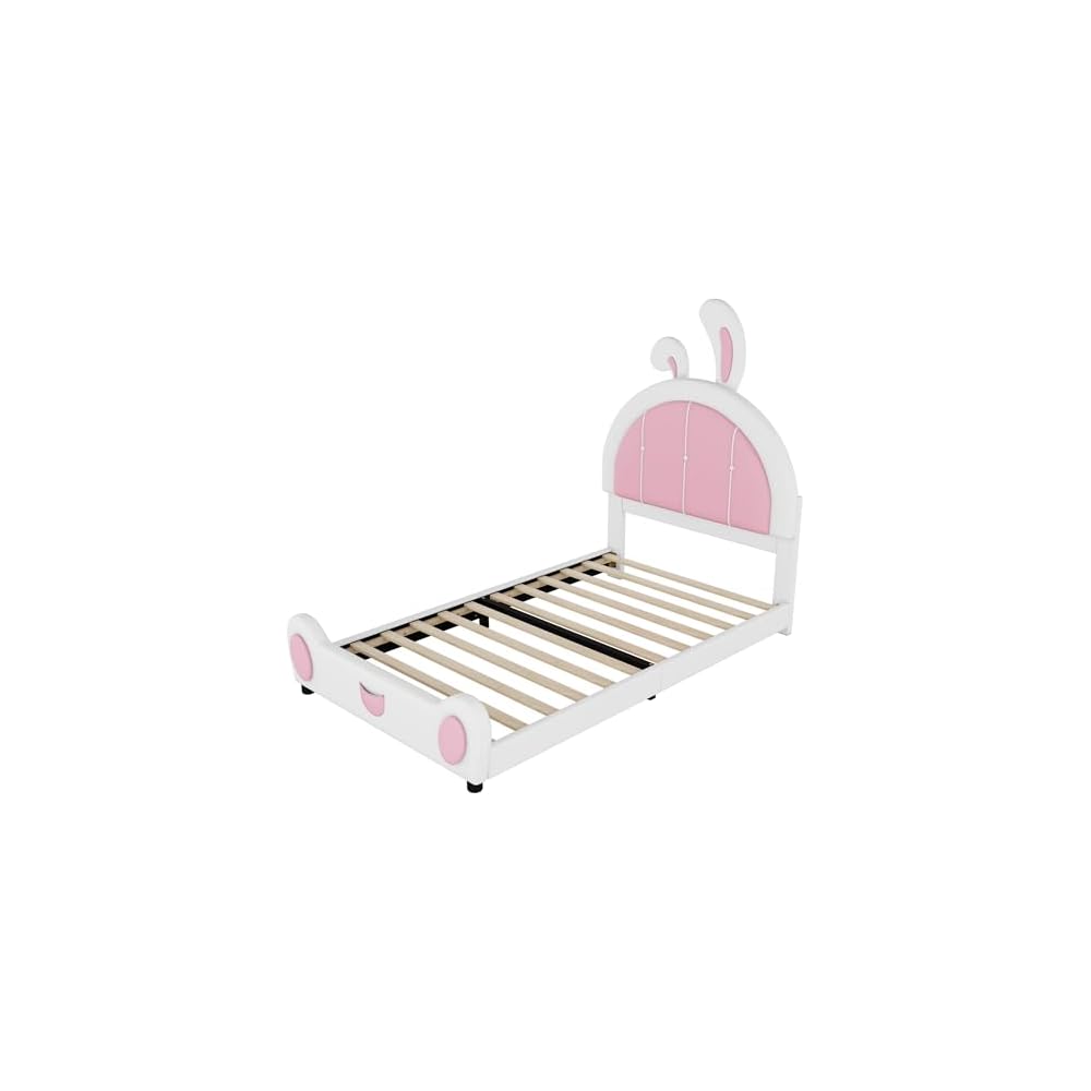 Twin Size Upholstered Platform Bed with Rabbit Shaped Headboard, White and Pink PU Bed Frame, Cute Cartoon Ear Design for Children Bedroom, Wooden Slat Support, No Box Spring Needed