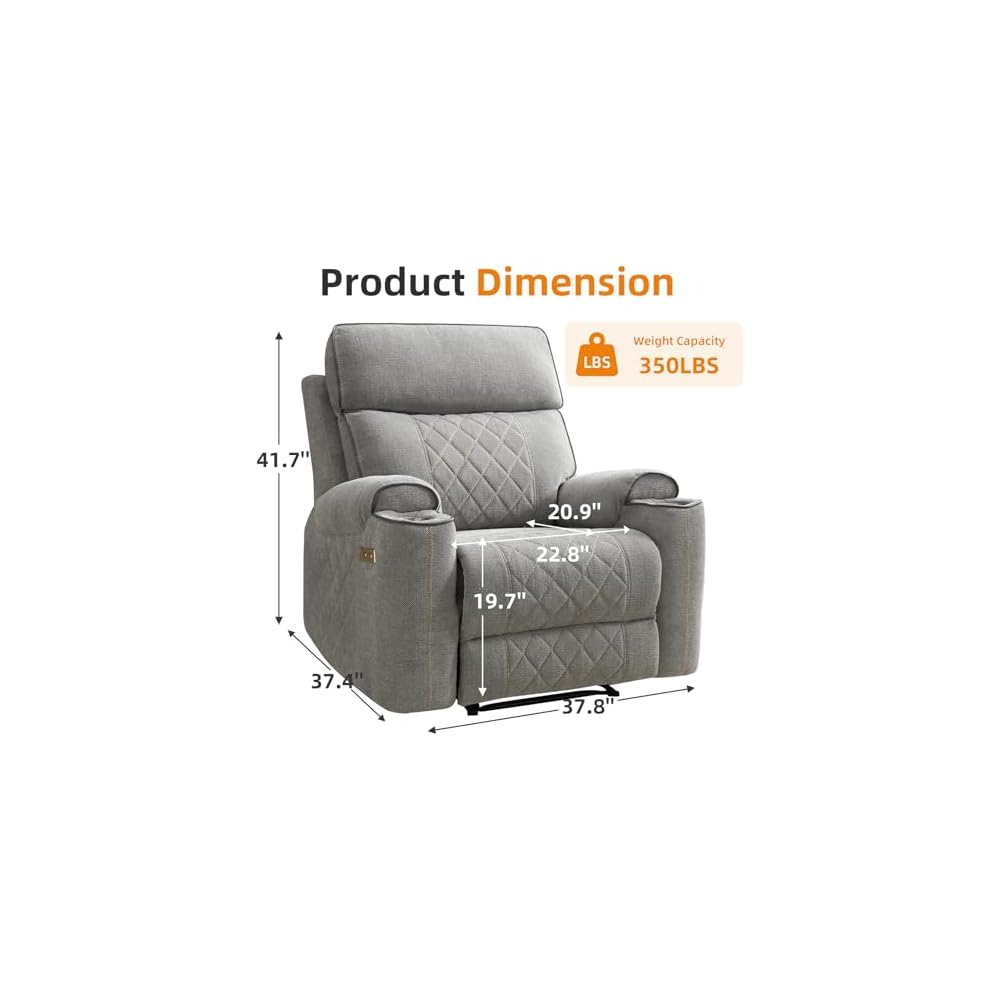 Power Recliner Chair, Electric Fabric Reclining Sofa with Cup Holders, USB Type-C Charging Ports, for Small Living Room, Bedroom and Meeting Room, Grey