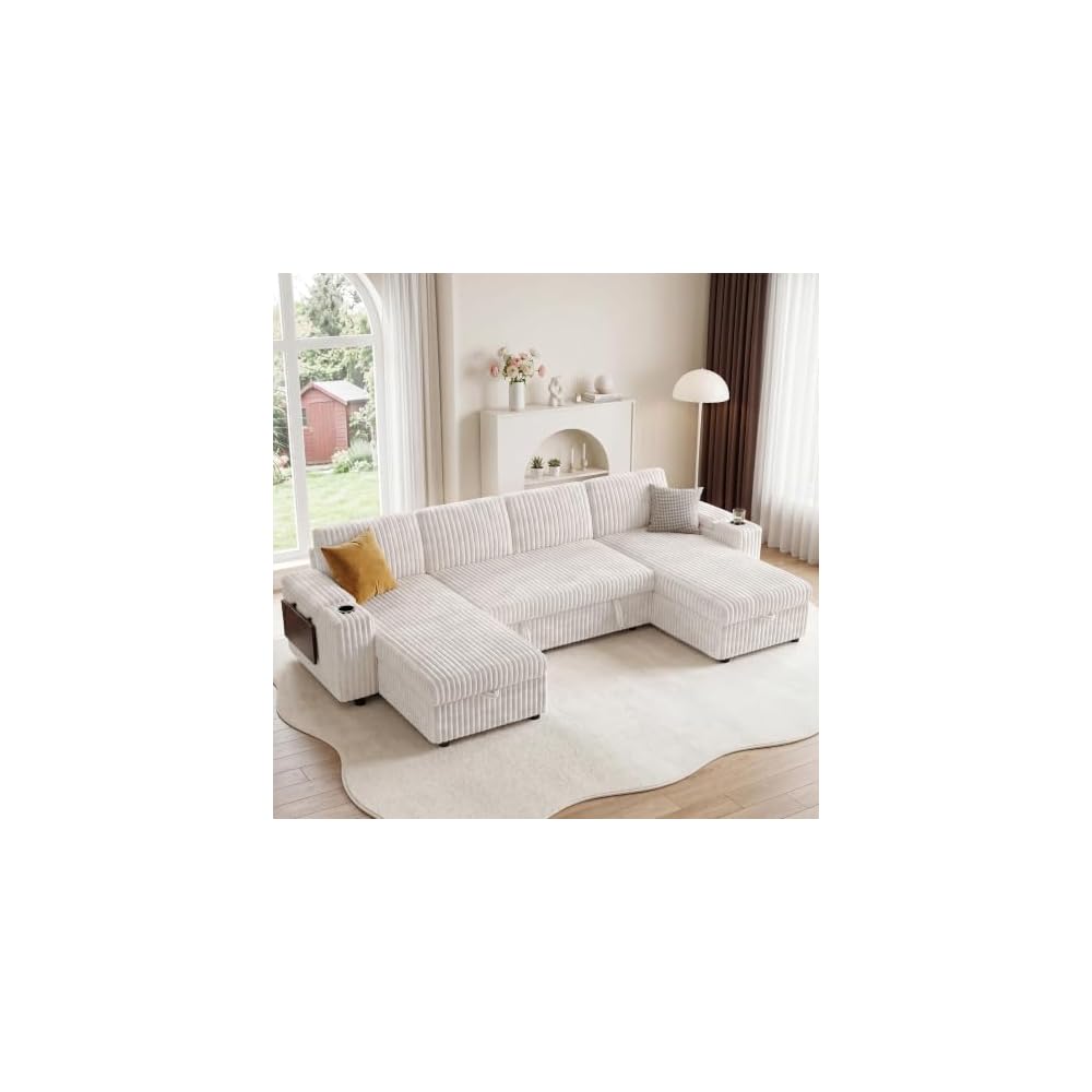 Modular Sectional Sleeper Sofa with Pull Out Bed, 108”U Shaped, Ivory