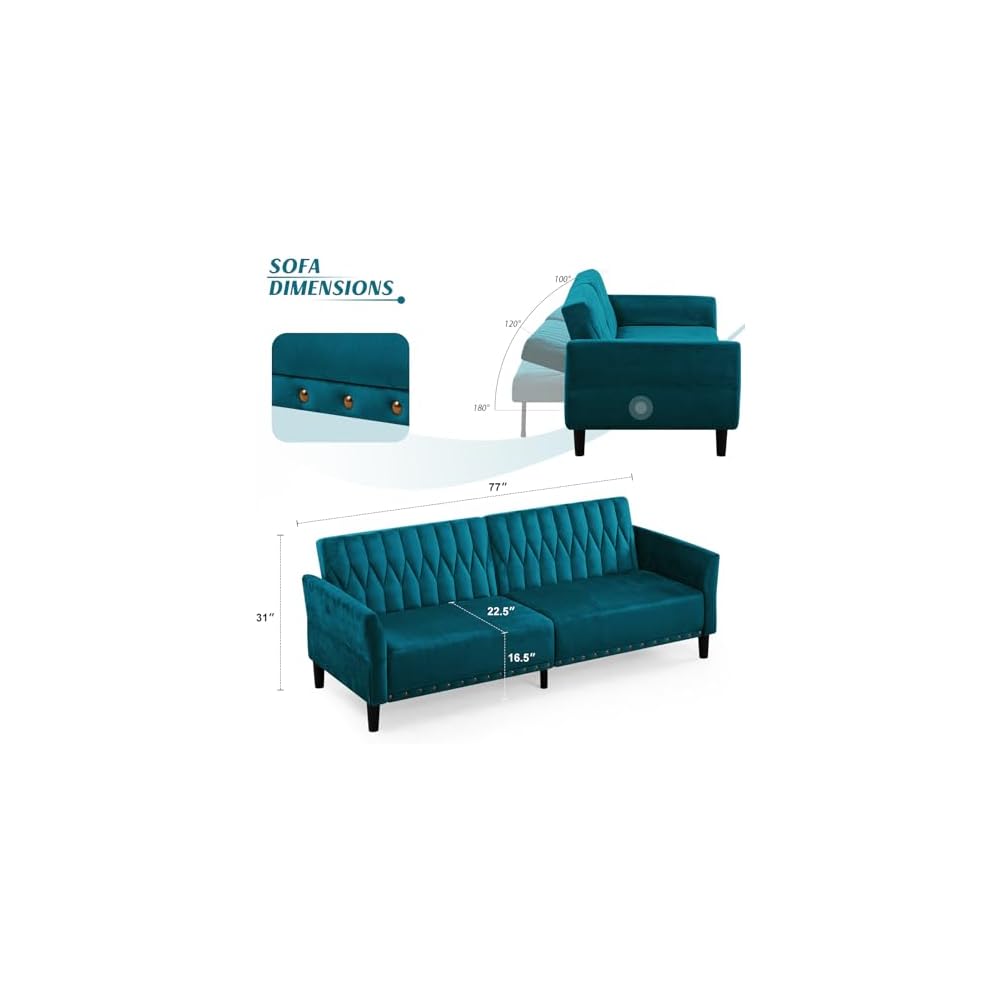 77" Velvet Futon Sofa Bed w/Adjustable Backrests & Armrests, Teal