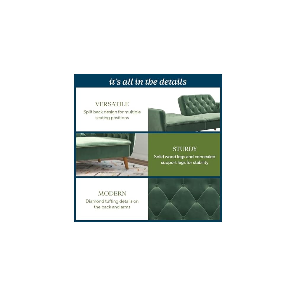 Tallulah Memory Foam Futon Couch Bed, Futon Sofa Bed - Light Green Velvet
