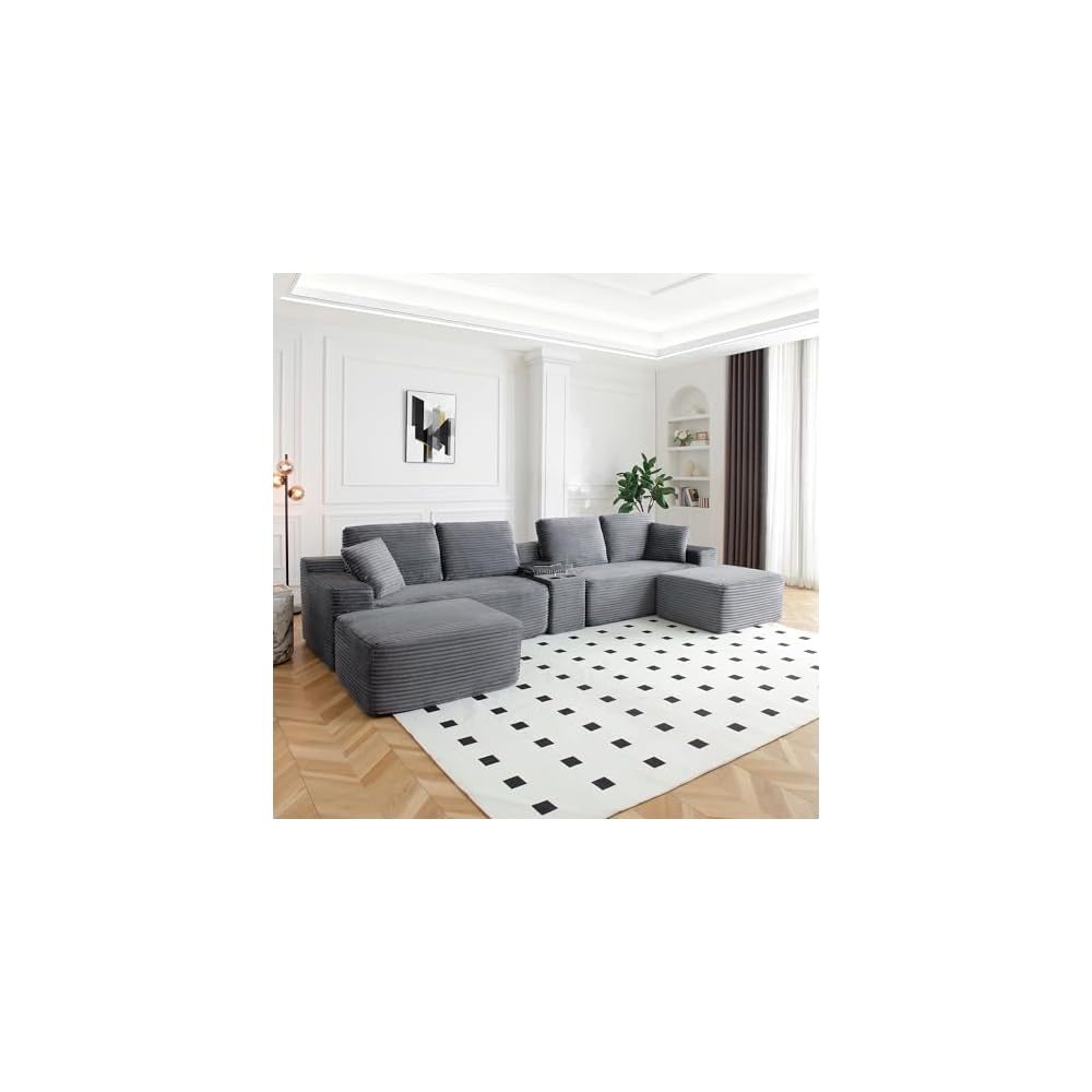 150 Inch Modular Sectional Sofa Couch, Oversized Modern Cloud Couch for Living Room, U Shape Couches with 2 Ottomans, USB Ports and Cup Holders, Corduroy Boneless Sofas, Sofa in a Box, Grey