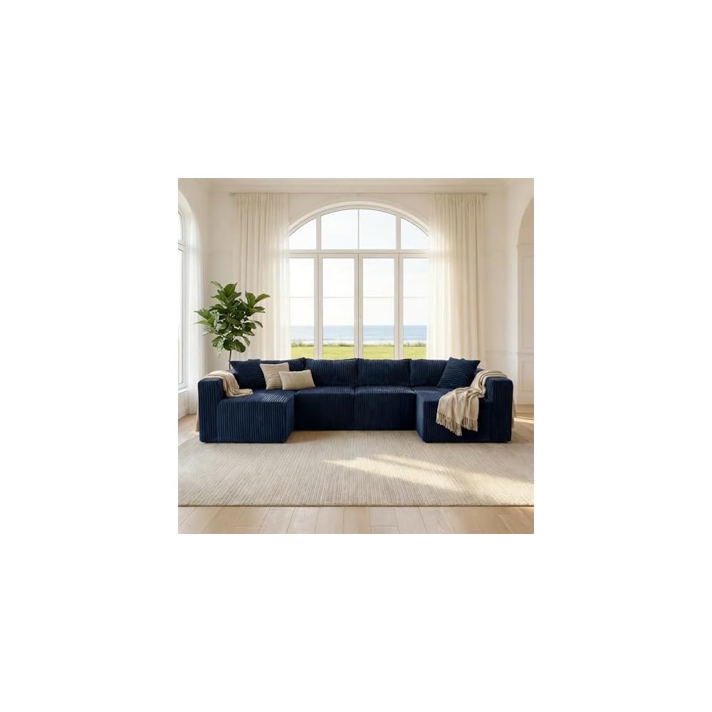 128" Modular U Shaped Sectional Couch, Deep Seat Bonless Couches for Living Room, Modern Couch with 6 Pillows, No Assembly Required, Blue