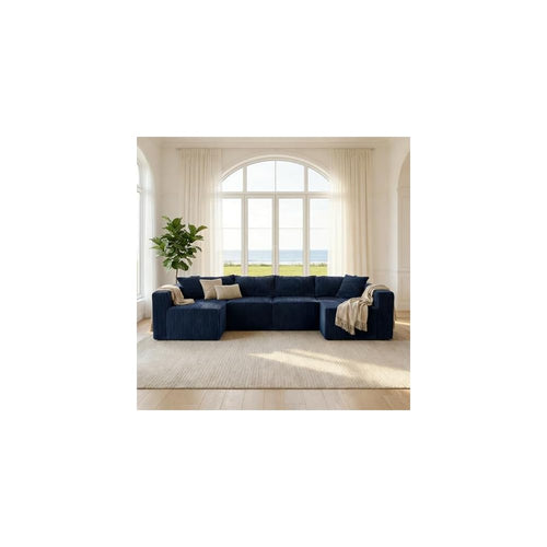 128" Modular U Shaped Sectional Couch, Deep Seat Bonless Couches for Living Room, Modern Couch with 6 Pillows, No Assembly Required, Blue