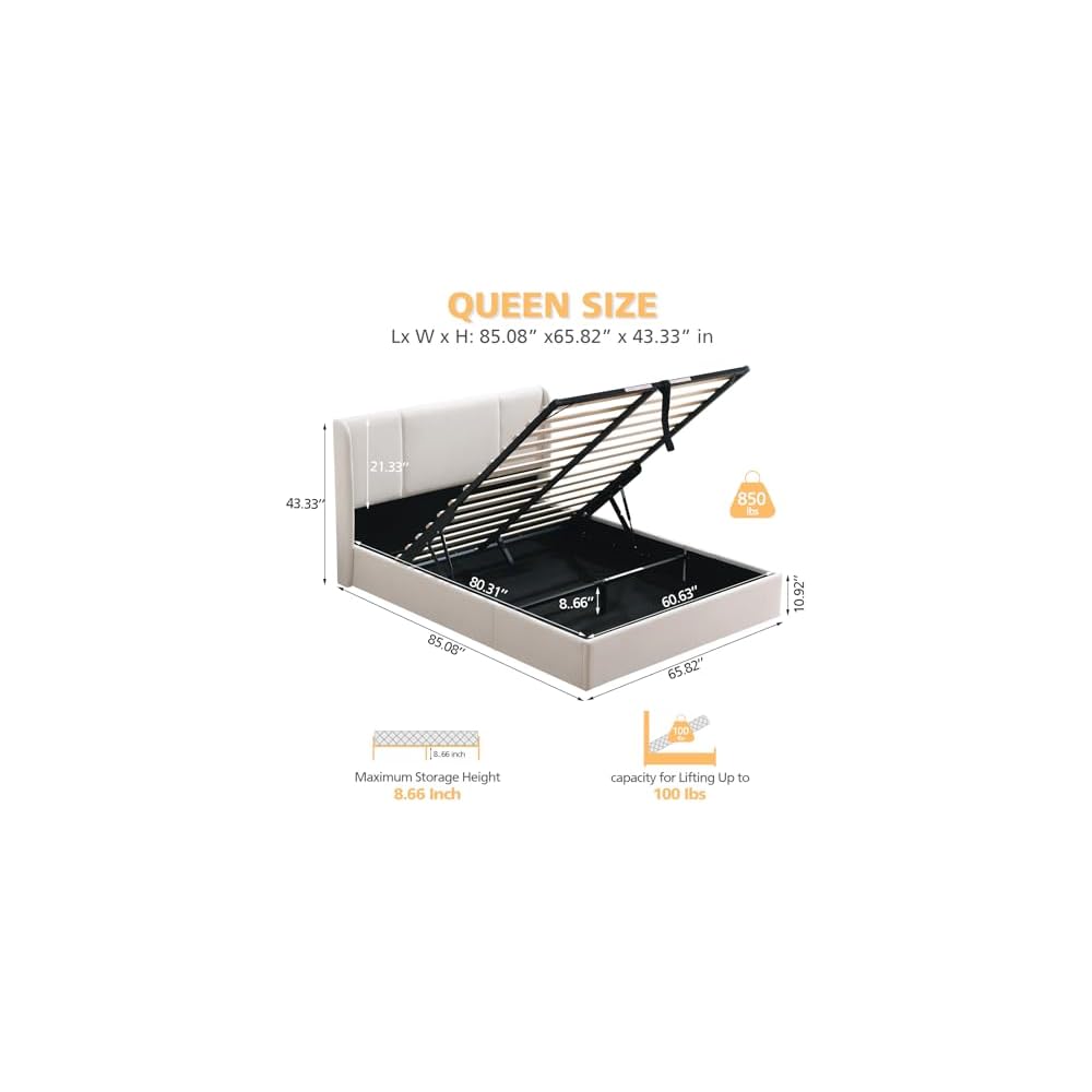 Queen Lift Up Storage Bed Frame, Velvet-Look Upholstered Bed with Modern Wingback Headboard, Gas Lift Storage, Wood Slat Support, No Box Spring Needed, White