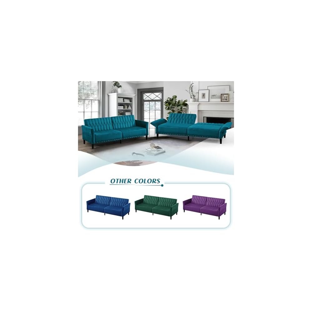 77" Velvet Futon Sofa Bed w/Adjustable Backrests & Armrests, Teal