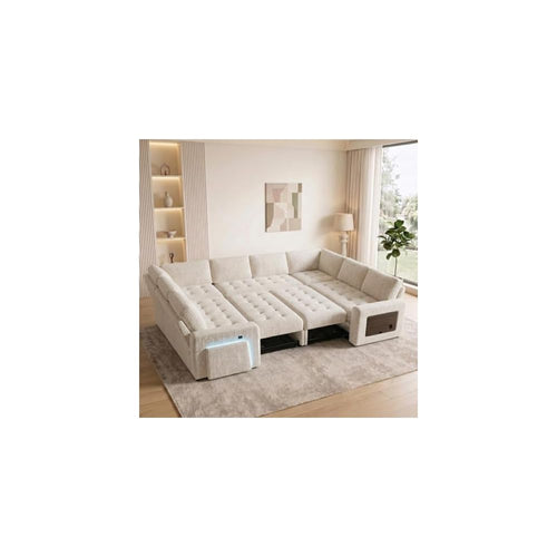 102" Sectional Sleeper Sofa with Pull-Out Bed 8 Seat Modern U-Shaped Modular Couch Reclining Backrest, USB Ports, LED Light, Side Table, Storage Seat, Tool-Free Assembly, Chenille Beige