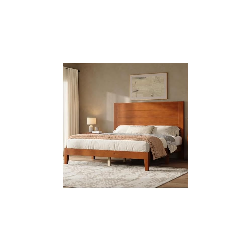 Full Size Solid Wood Platform Bed with Mid Century Style, Brown