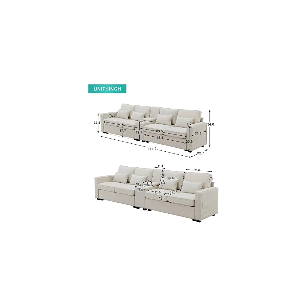 Upholstered Sectional Sofa with Console, 2 Cup Holders and 2 USB Ports & Wirelessly Charged, Modern Linen Fabric 4-Seat Couch with 4 Pillows for Living Room, Apartment, Office, 114.2inch