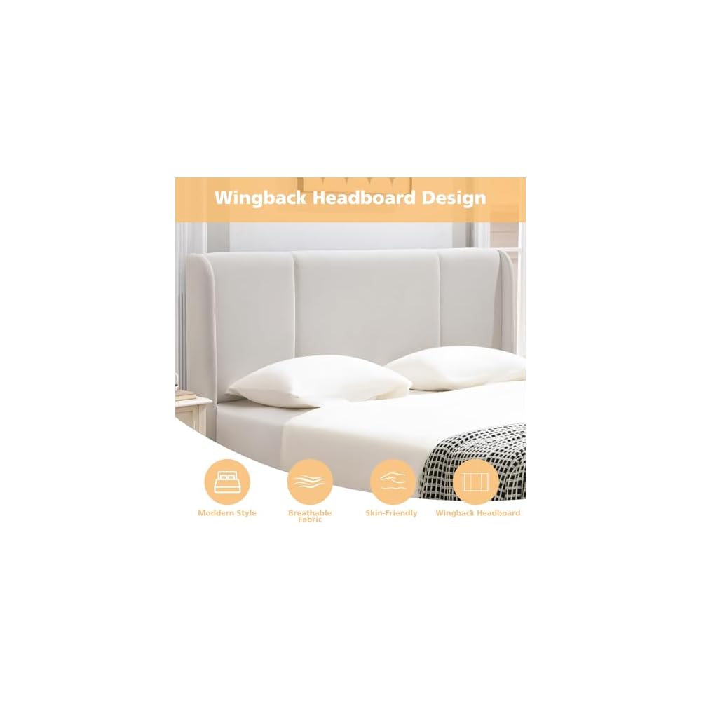 Queen Lift Up Storage Bed Frame, Velvet-Look Upholstered Bed with Modern Wingback Headboard, Gas Lift Storage, Wood Slat Support, No Box Spring Needed, White