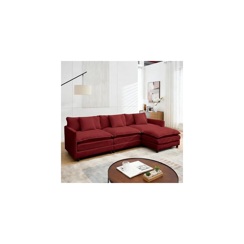 Modular Sectional Sofa,108.27'' Modern Sofa Sleeper Couch with 3 Seat & 1 Ottoman & 3 Pillows Sofa Set, Comfy Cloud Couches with Movable Ottoman for Living Room,Chenille (Wine red, L Shaped)