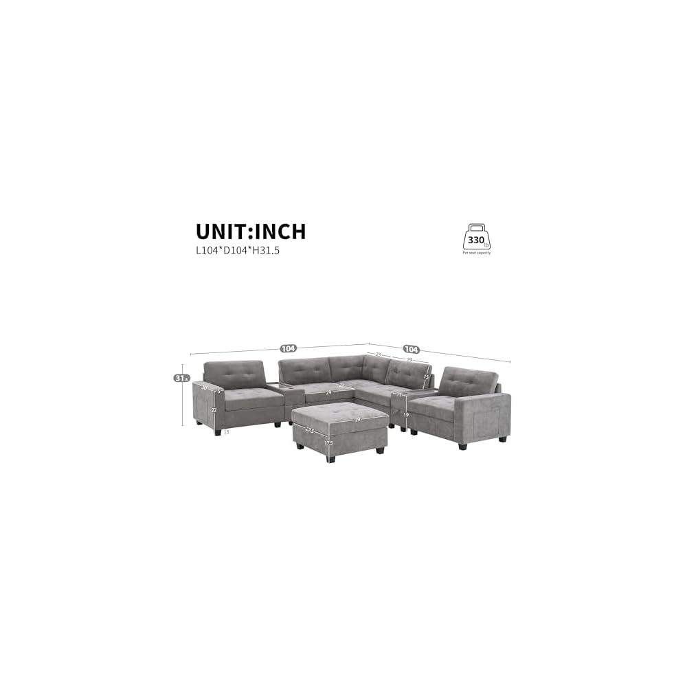 104'' Sectional Sofa with Acrylic Table Top,Chenille U Shaped Couch Set with 2 Consoles,USB Charger,Storage Drawers and Pockets,Movable Ottoman,Tufted Sofa for Living Room,Apartment, Gray