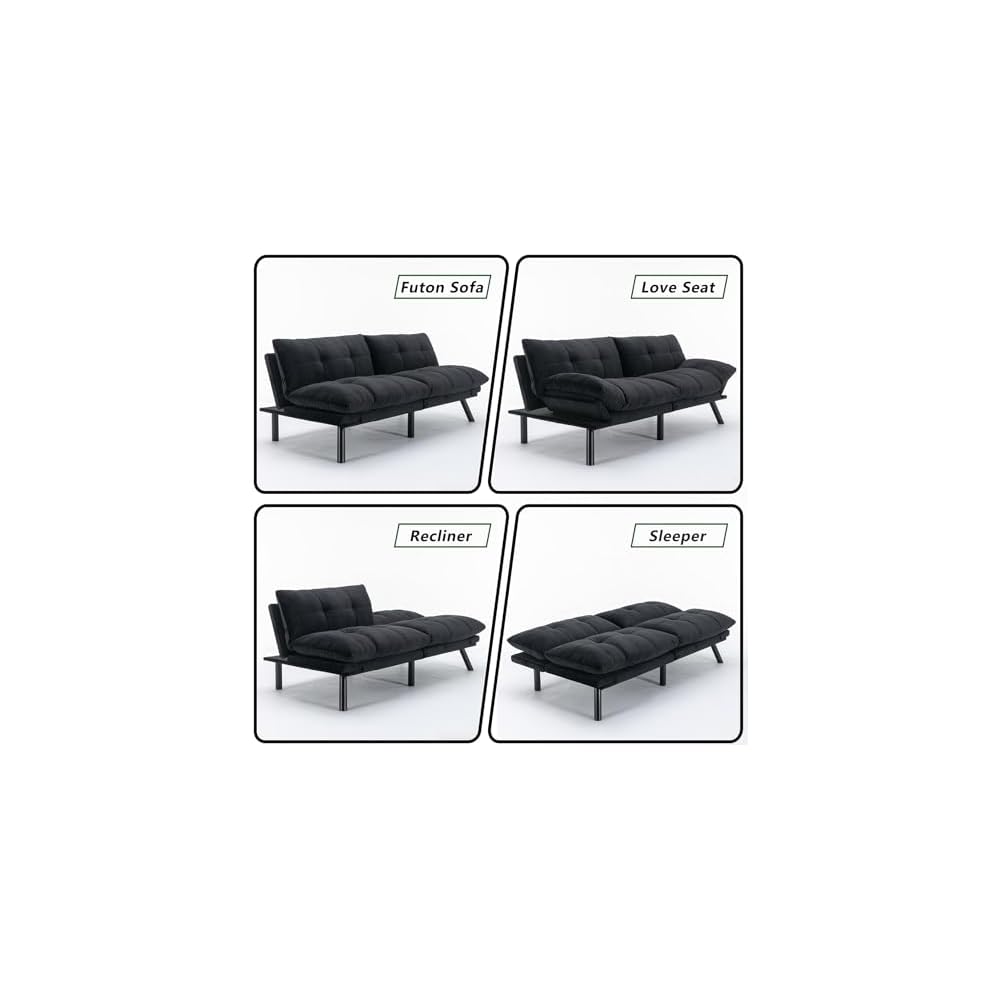 71" Velvet Futon Couch Bed with Mattress Included,Convertible Folding Sleeper Sofa Bed with Adjustable Backrests,Modern Loveseat Sleeper for Living Room Bedroom Small Space Home Office (Black)