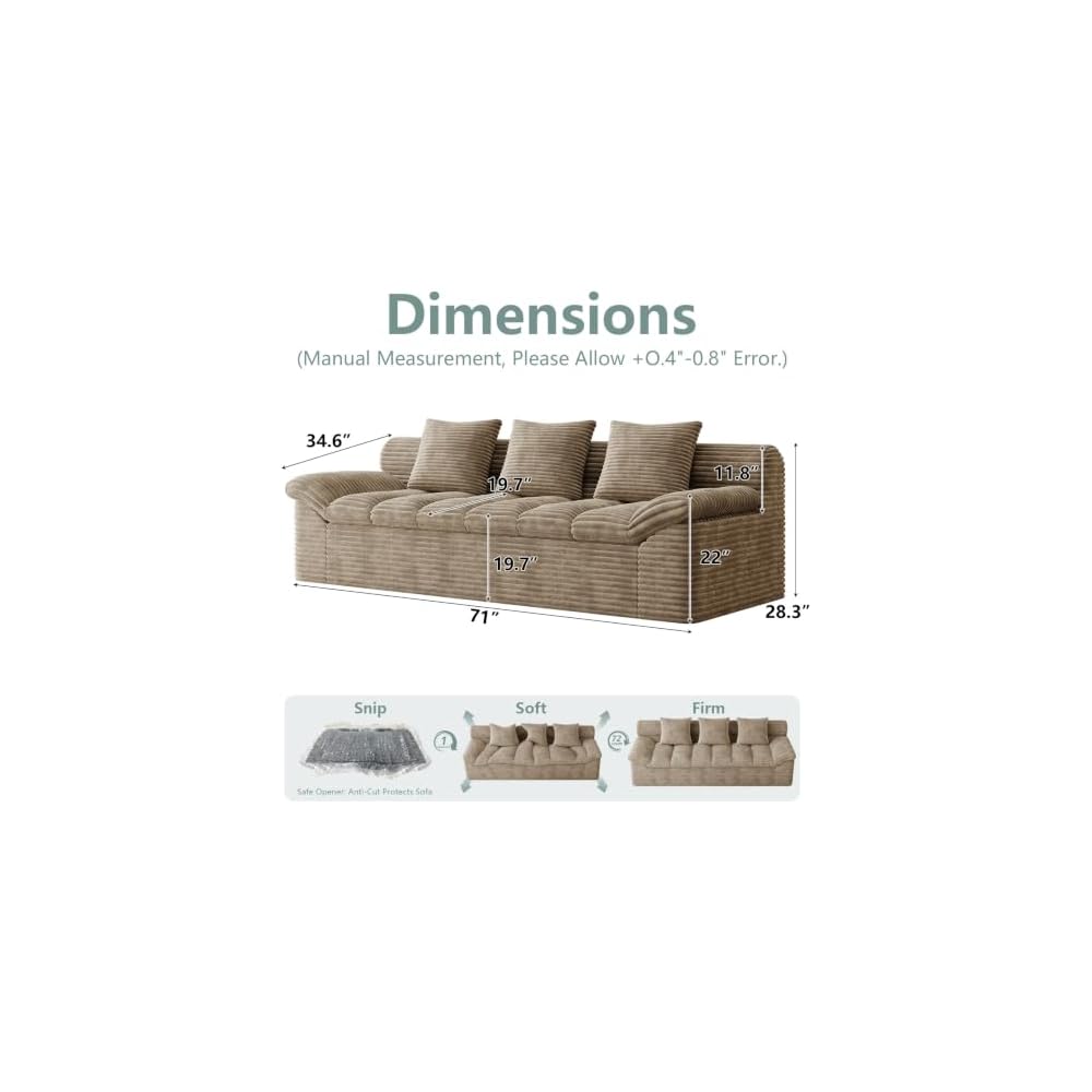 71" Cloud Boneless Loveseat Couch, Tilted Armrests & Double Cushion, Camel