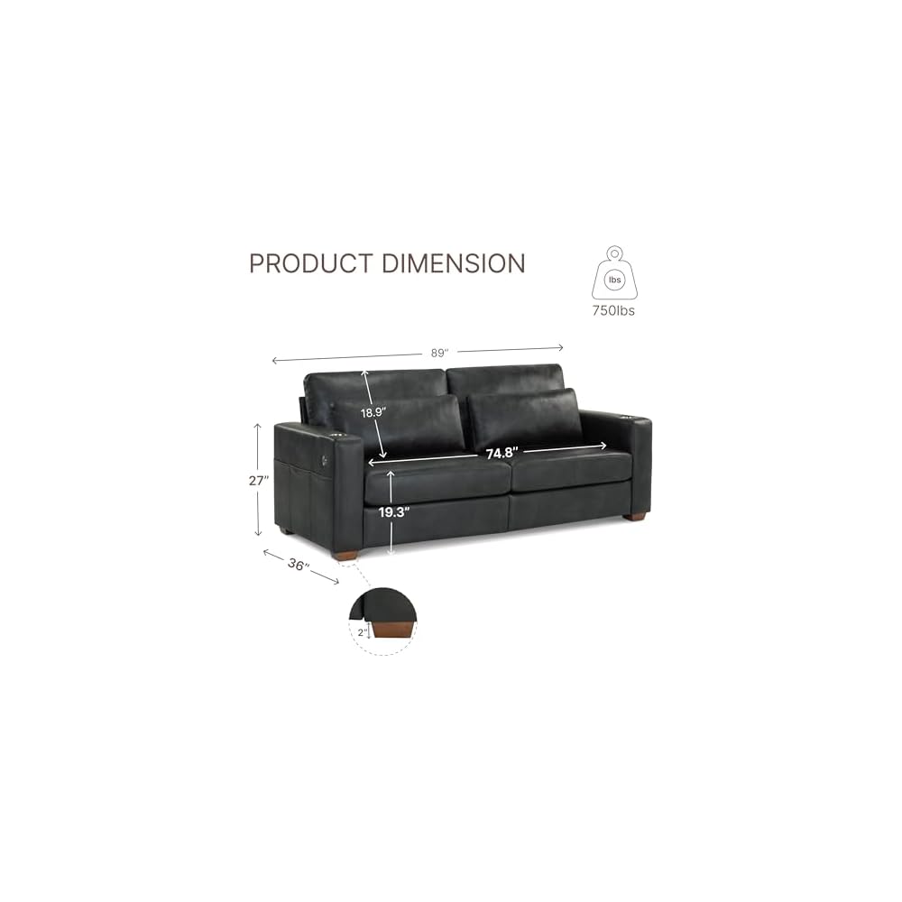 89" Sofa Couch for Living Room Faux Leather Upholstered Couch with Deep Seats and Wide Armrests 3 Seater Comfy Sofa with Cup Holders, USB & Type-C Ports, Spring Cushion, Solid Wood Frame Black