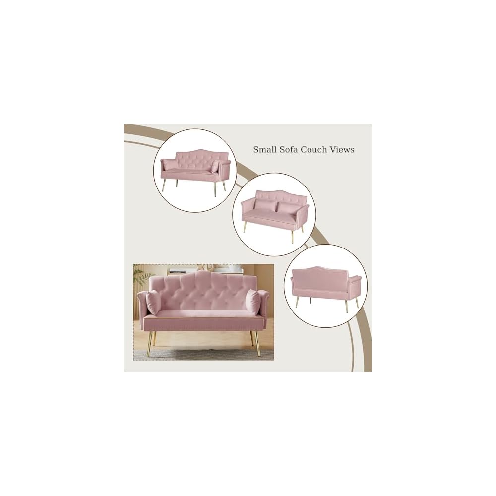 Velvet Loveseat Sofa,Small 2 Seater Couch with Nailhead Trim and Side Pockets for Living Room Apartment (Pink)
